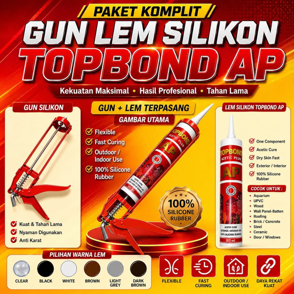 Paket Gun Sealant + Lem Silikon Topbond AP-Kaca/Kayu/Atap/Wall Panel/Batten/UPVC