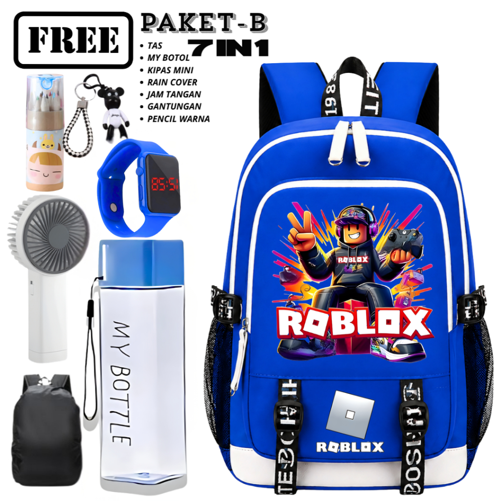 Ransel Anak Unisex Roblox Biru Putih Set 7in1 Dengan Tas, Jam Tangan, My Bottle, Dan Aksesoris Lainn