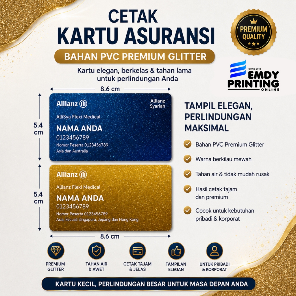 Cetak Kartu Asuransi Bahan Premium Glitter | Allianz, Prudential, AXA Mandiri, dsb | Murah cepat Ber