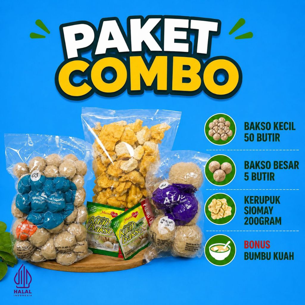 Paket Bakso Alam PAKET COMBO Bakso sapi dan ayam 55 butir + siomay kering + bumbu kuah bakso HALAL k