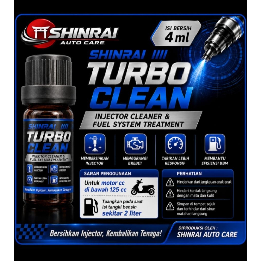 Shinrai Turbo Clean 4ml Injektor Cleaner Motor 110cc-125cc Tuang Tangki Praktis Tarikan Mesin Lebih 