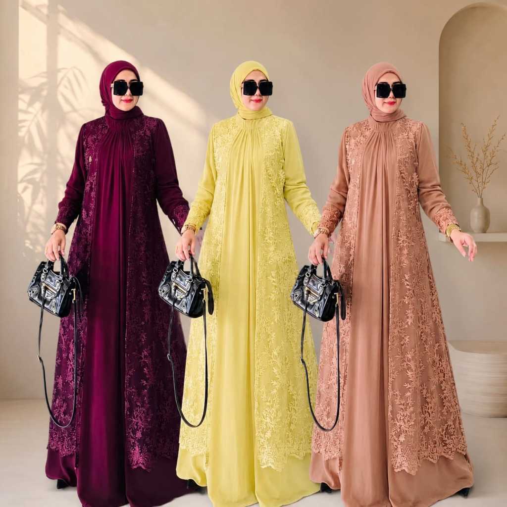 NASYIFA DRESS Gamis Pesta Wanita Remaja Dewasa Brukat Menyatu Model Rompi Lepas Gamis Butter Yellow 