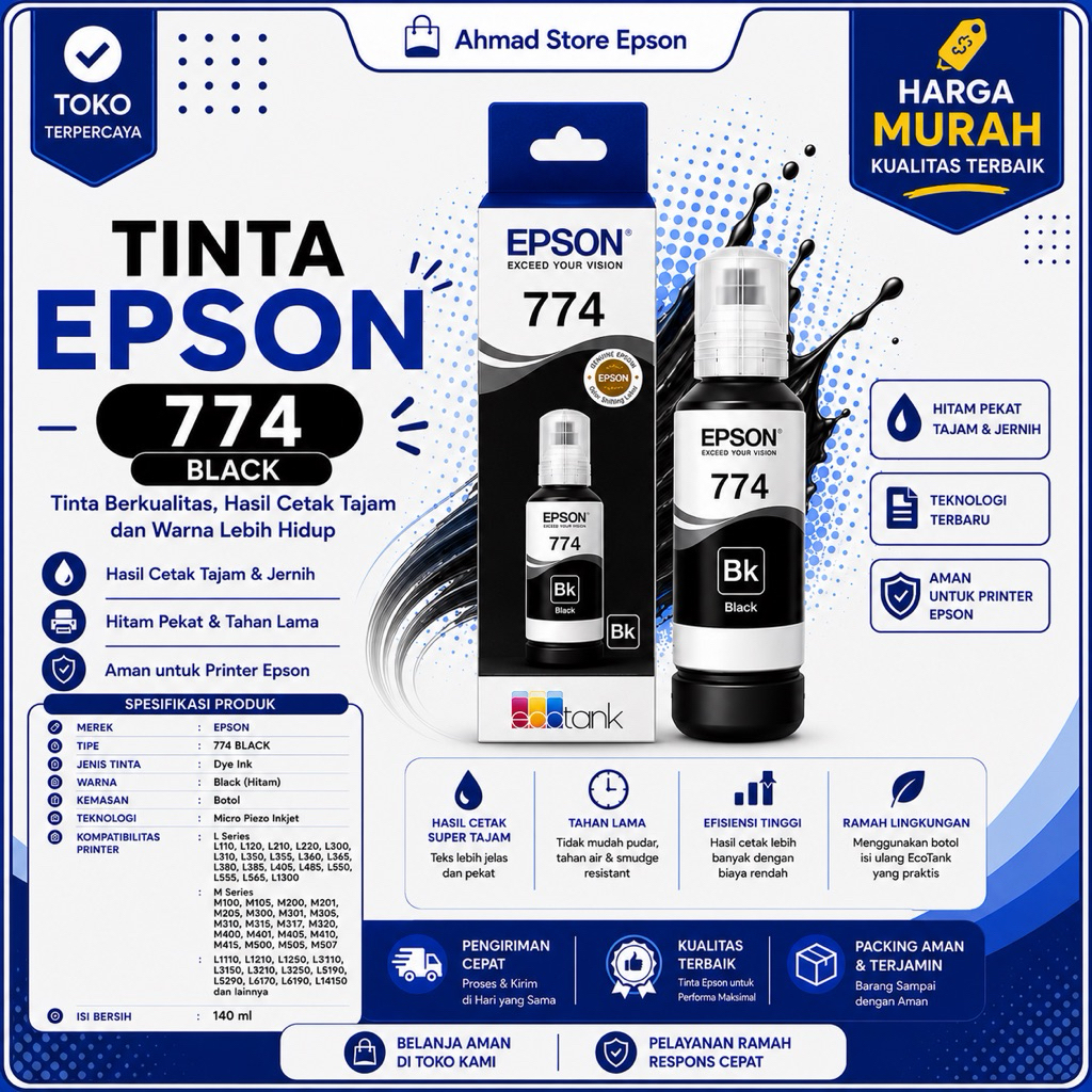 Tinta Epson 774 Black Original BK Untuk Epson L1455 L655 L605 Tinta Printer Ink Tank Epson