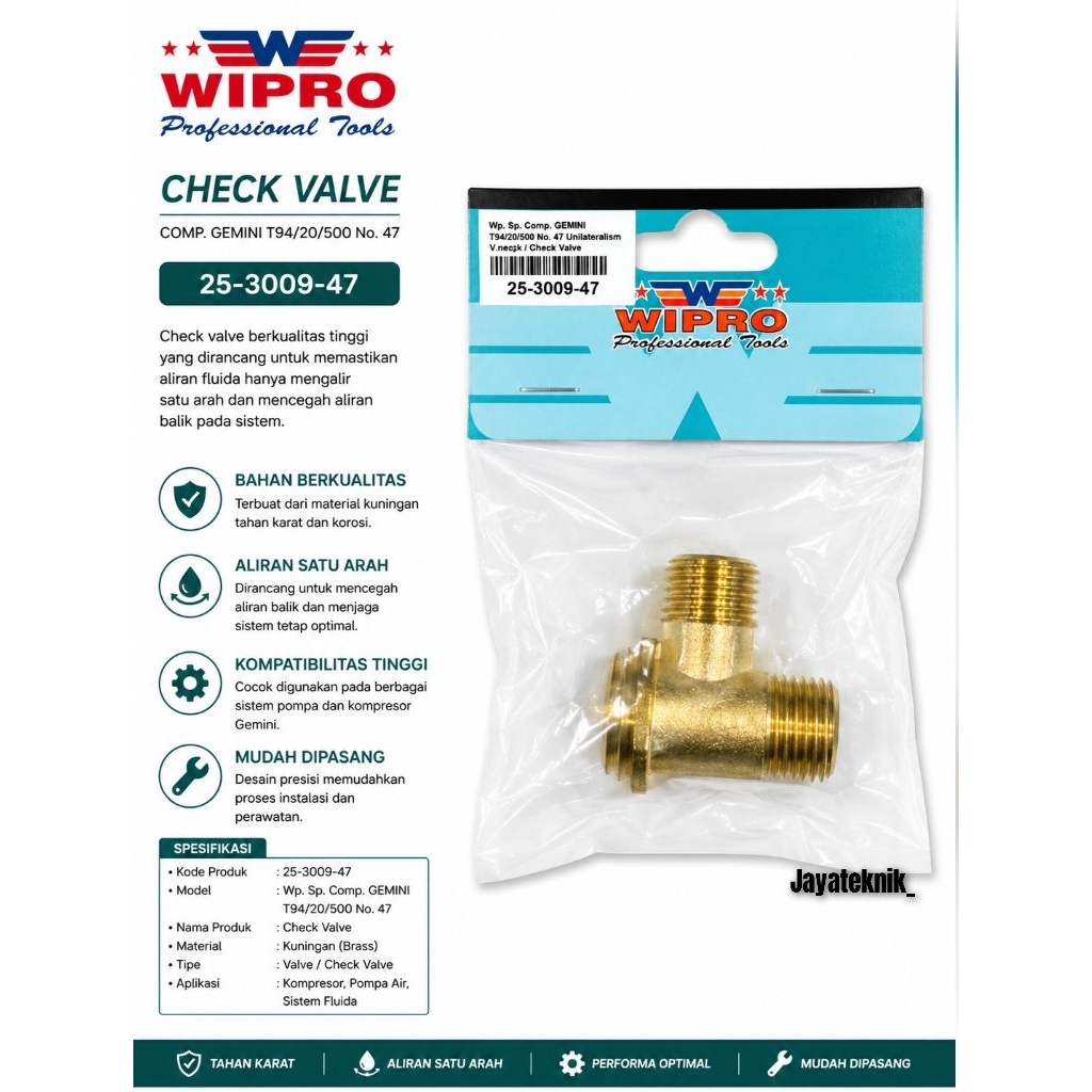 WIPRO Check Valve Kompresor 3 Way Kuningan / Klep Tabung Kompresor Brass Connector