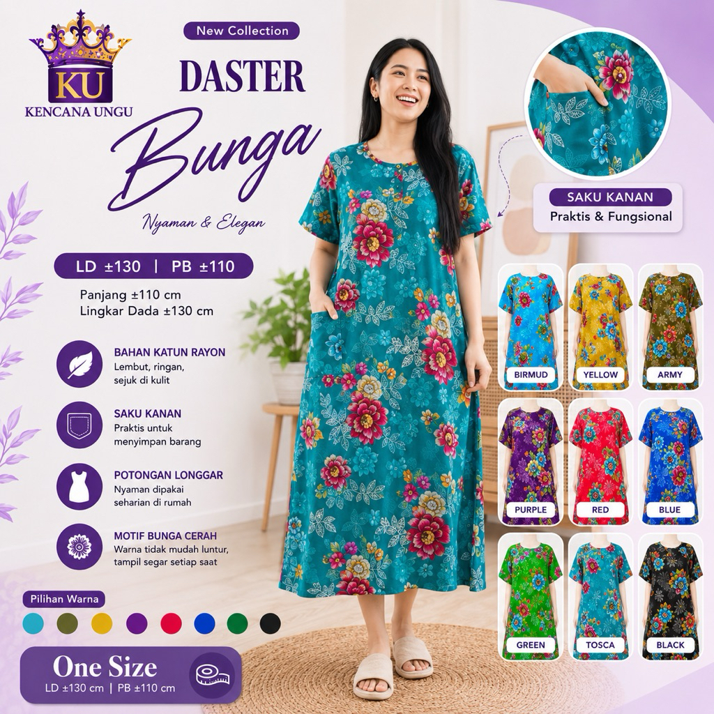 Daster Kencana Ungu Original Label Biru Lengan Pendek Wanita Kekinian Rayon Premium KUB DS43 110601 
