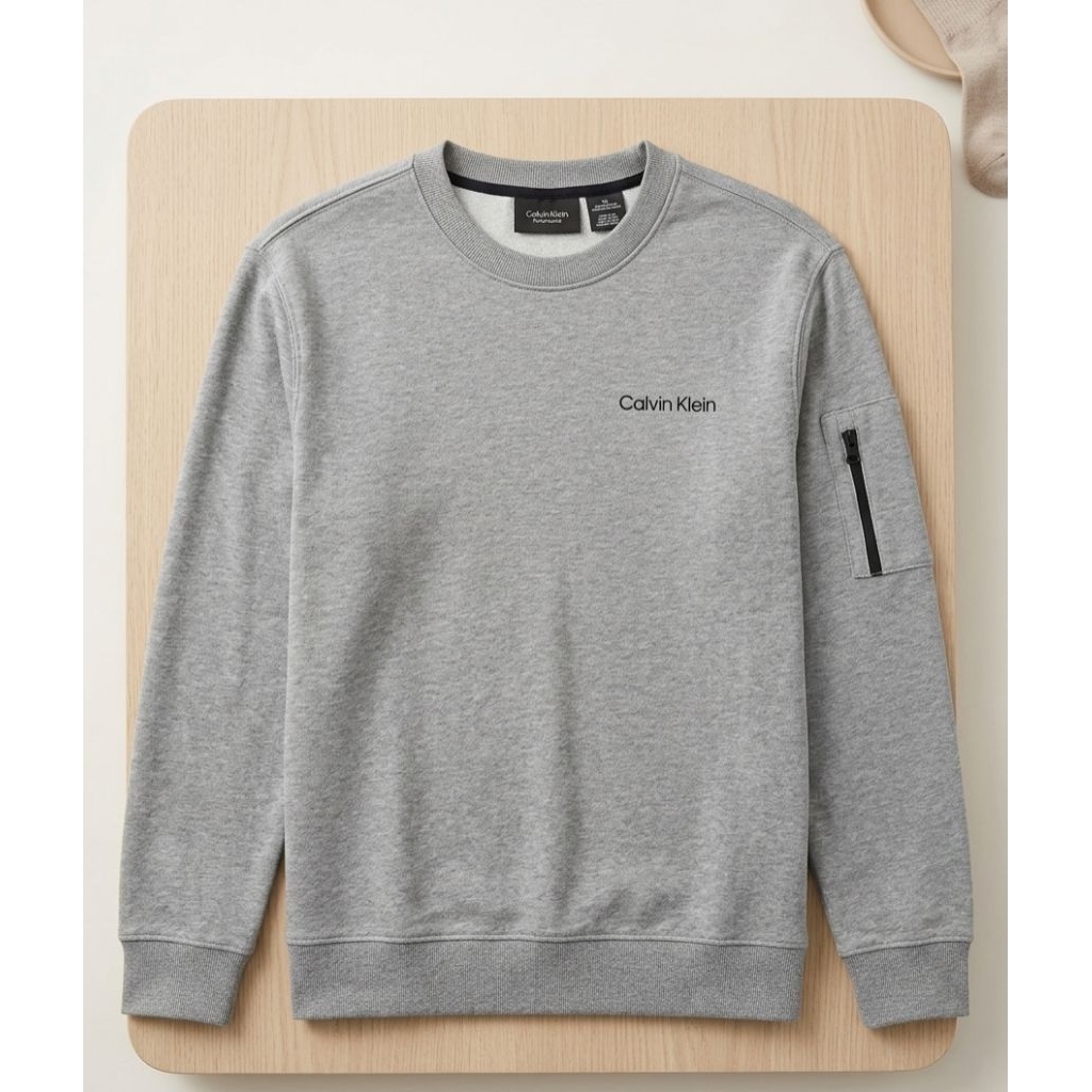 Calvin Klein Performance Crewneck Sweatshirt abu-abu saku ritsleting lengan, Original Second
