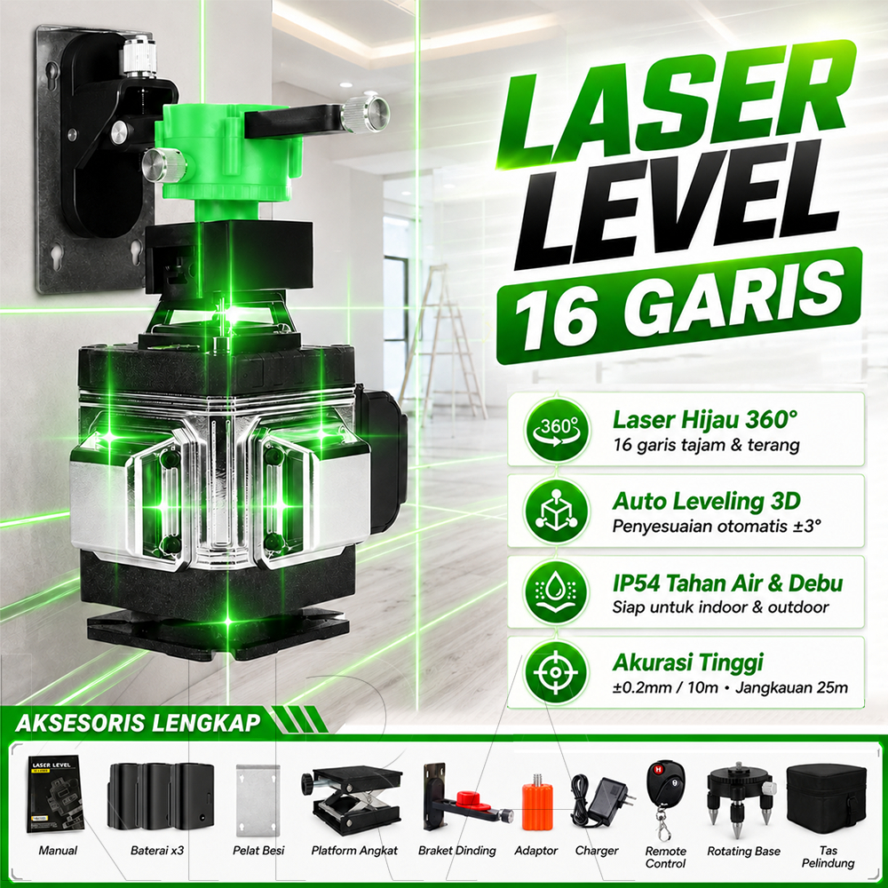 [COD] Laser Waterpass Digital 4-in-1 Self Leveling 16 Garis Hijau 4D Untuk Tukang Bangunan Profesion