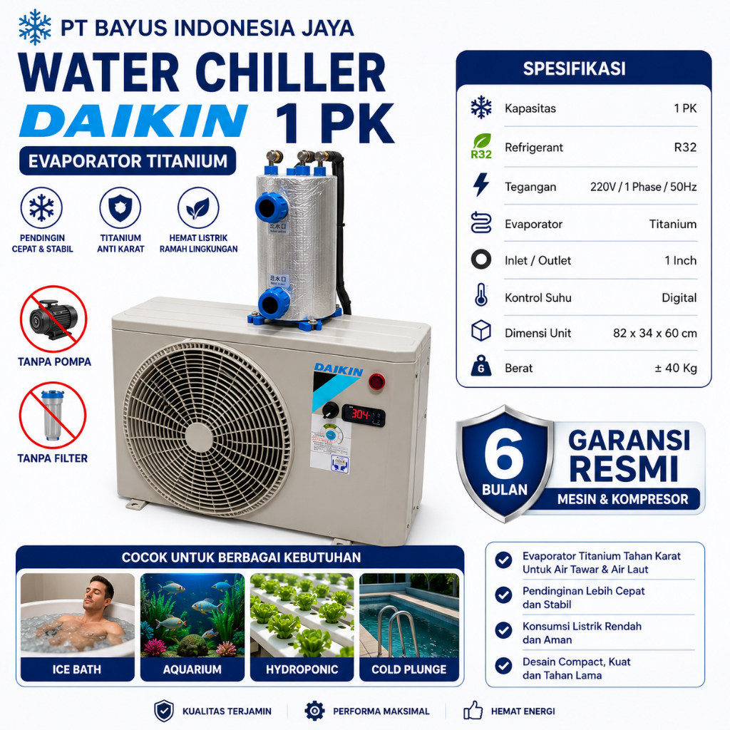 Water Chiller Ice Bath Daikin 1 PK R32 Evaporator Titanium Chiller Air Kolam Aquarium