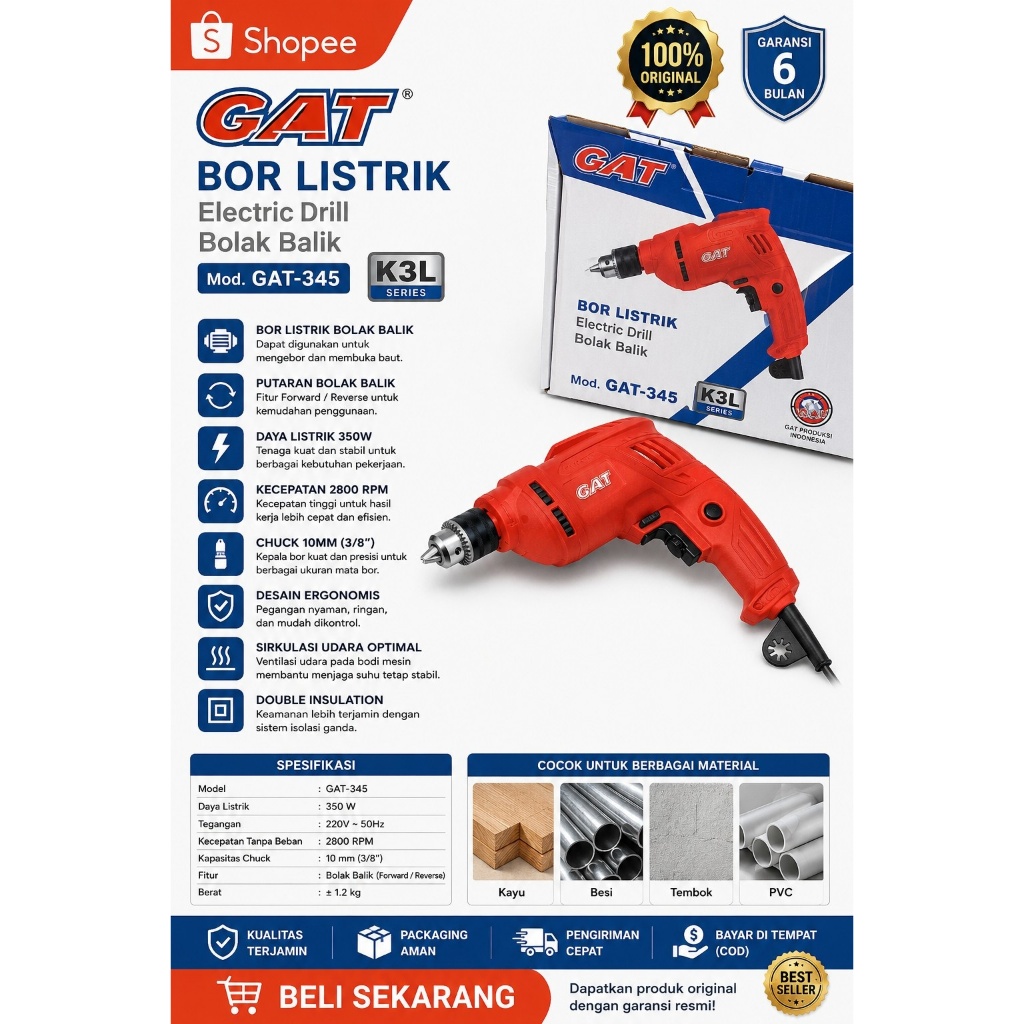 GAT Mesin Bor Listrik GAT 10-345 | Bor Tangan Elektrik Drill