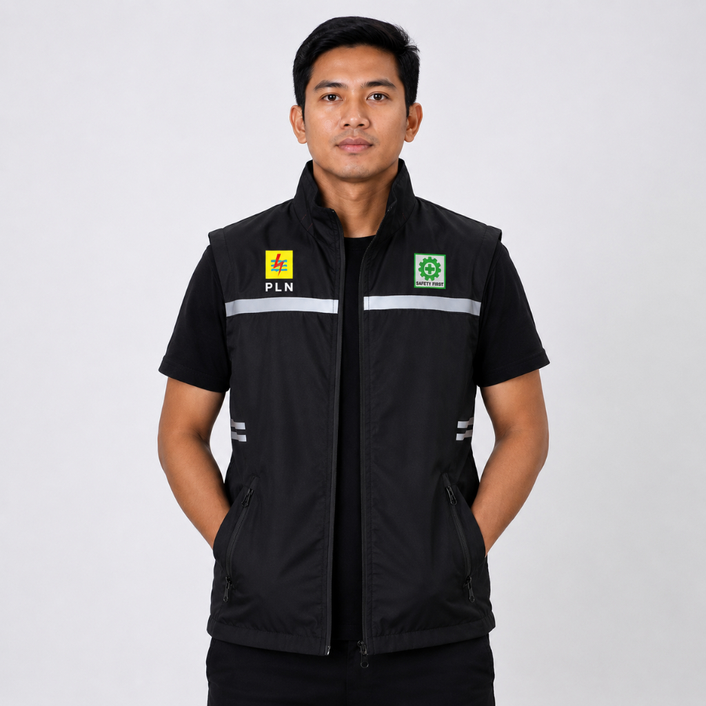 Rompi Scotlight Distro Logo K3 PLN Indonesia Waterproof Rompi Vest Kasual Zipper K3 PLN Pria Wanita 