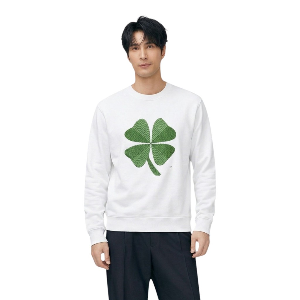 Damen Herren Sweatshirt Cotton Fleece Leaf Embroidered White OROR