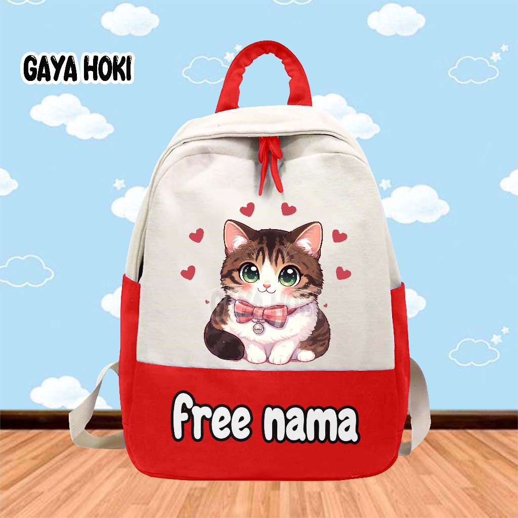 [FREE NAMA] Tas Ransel Tas Anak Sekolah TK/SD Gambar Kucing Love Lucu Cat Love Cute
