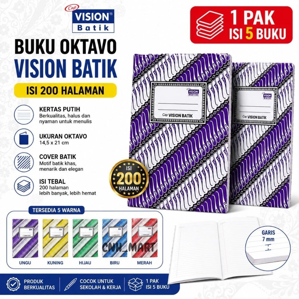 5 Pcs Buku Oktavo Vision Batik isi 200 Lembar - Harga 5Buku  (1 Pak) GROSIR