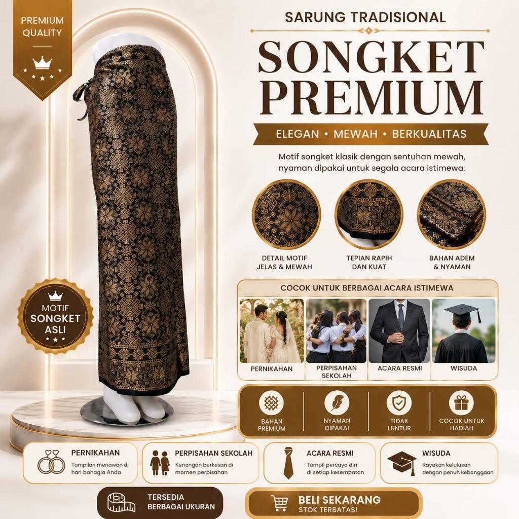 Rok Songket Lilit Jadi Siap Pakai dengan Bahan Songket Tenun Premium Warna Hitam Tembaga