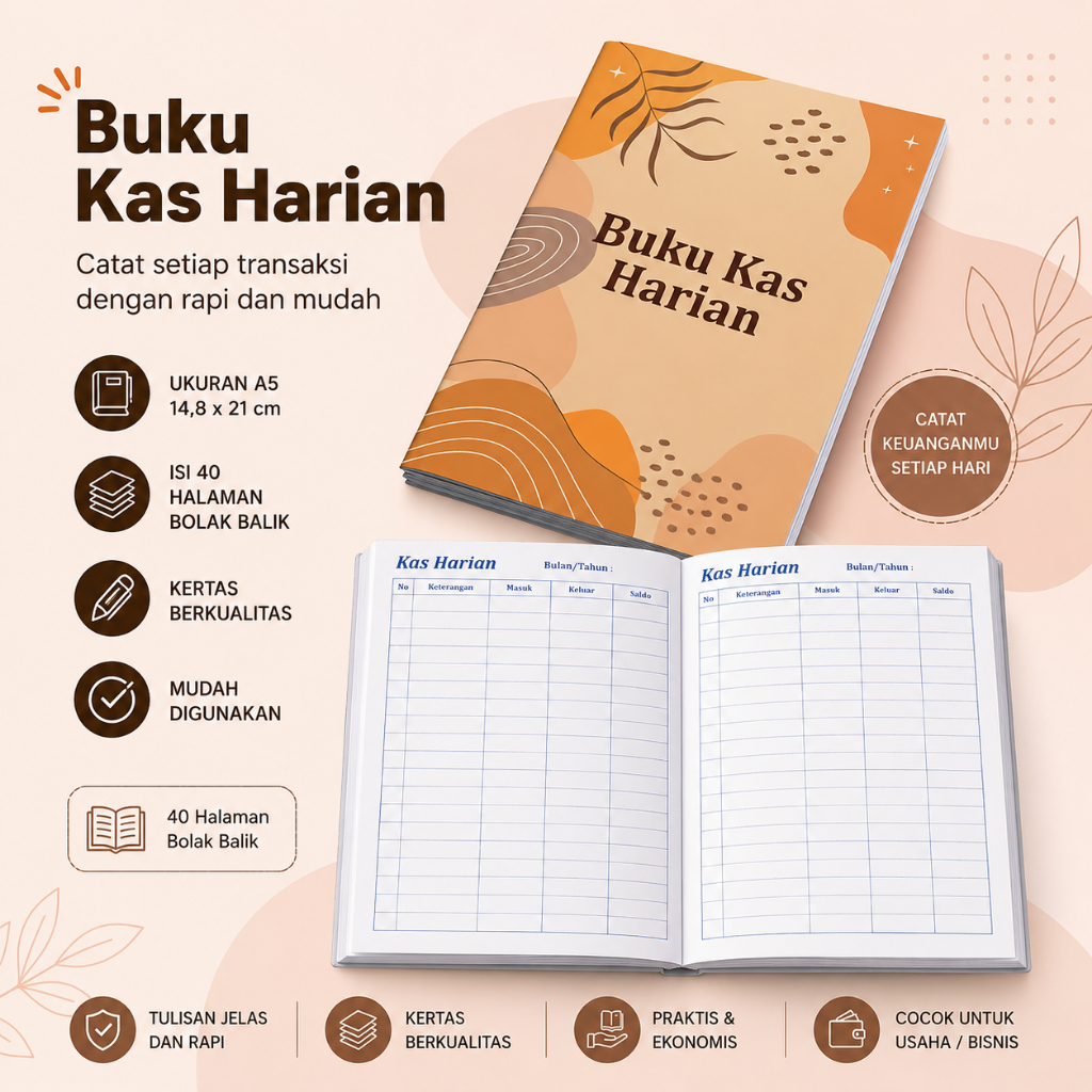 Buku Kas | Buku Kas Harian A5| Buku Catatan Kas Harian Uang Keluar Masuk