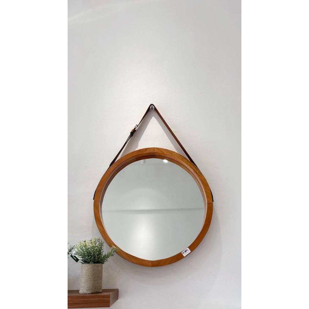 Cermin Dinding Bulat dengan Lis Kayu Aesthetic Diameter 50 cm, Desain Minimalis untuk Dekorasi Rumah