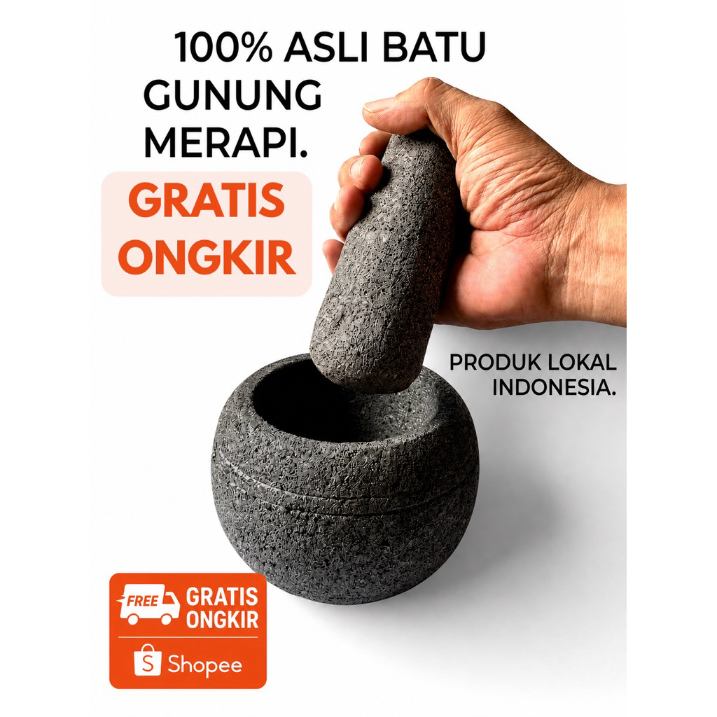 LUMPANG BATU MINI LUMPANG BULAT ASLI MERAPI DIAMETER 12cm + Alu