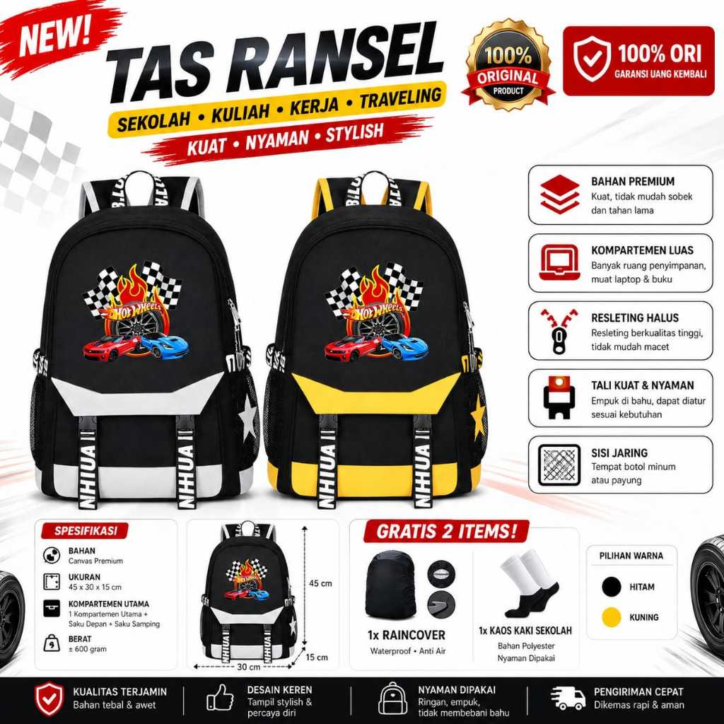 Tas Ransel Anak Sekolah TK-SD Karakter [[ MOBIL HOT WHEELS ]] Keren Kekinian - Tas Ransel Anak BACKP