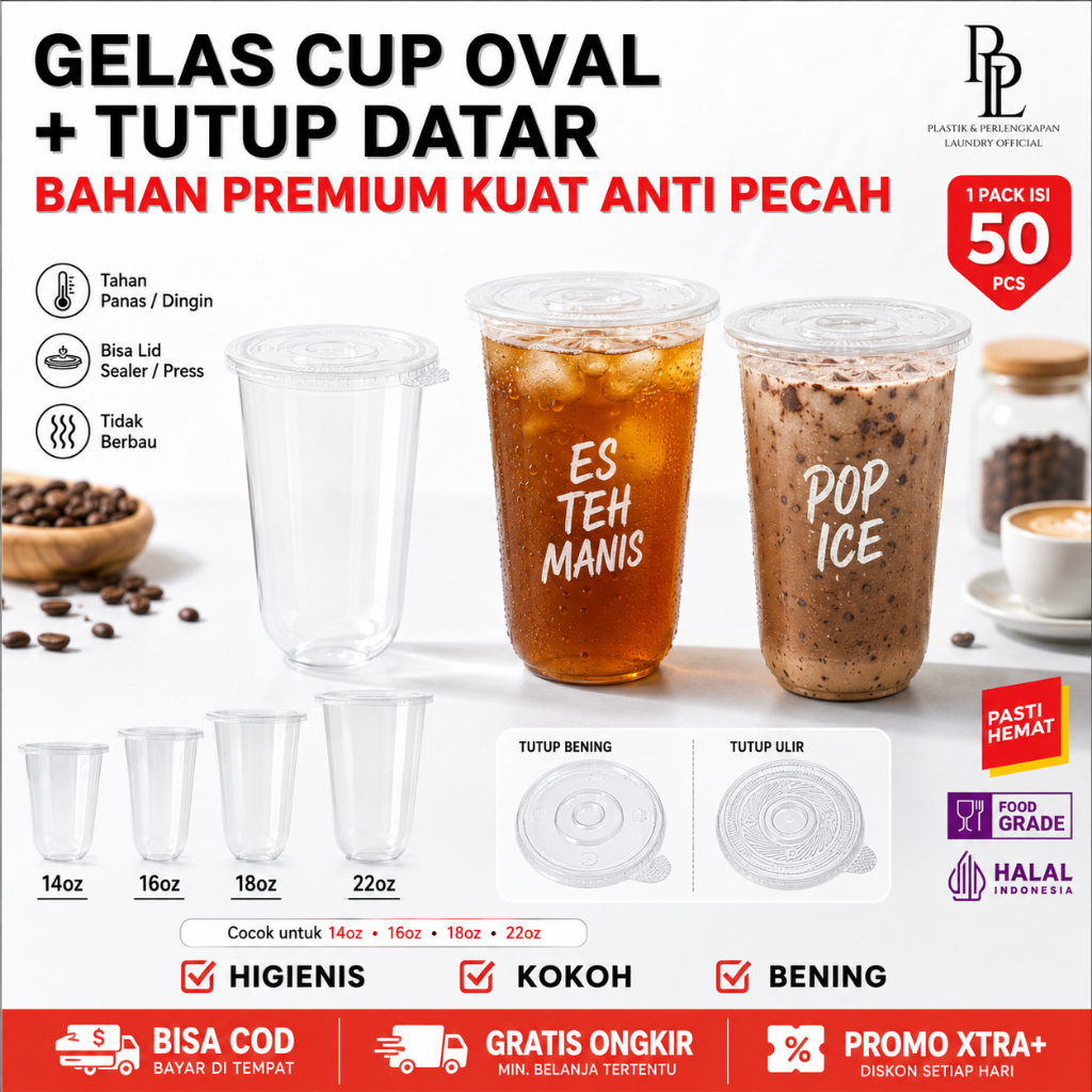 (50PCS) Gelas Plastik PP OVAL Plus Tutup Gelas Datar Bening & Ulir | Cup Oval + Tutup Anti Tumpah | 