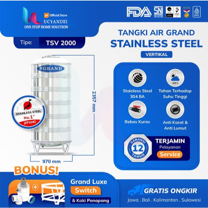 Toren Tandon Tangki Air Stainless Grand Vertical TSV 2000 Kap 2000 L Toren Air Tangki Air Tandon Air
