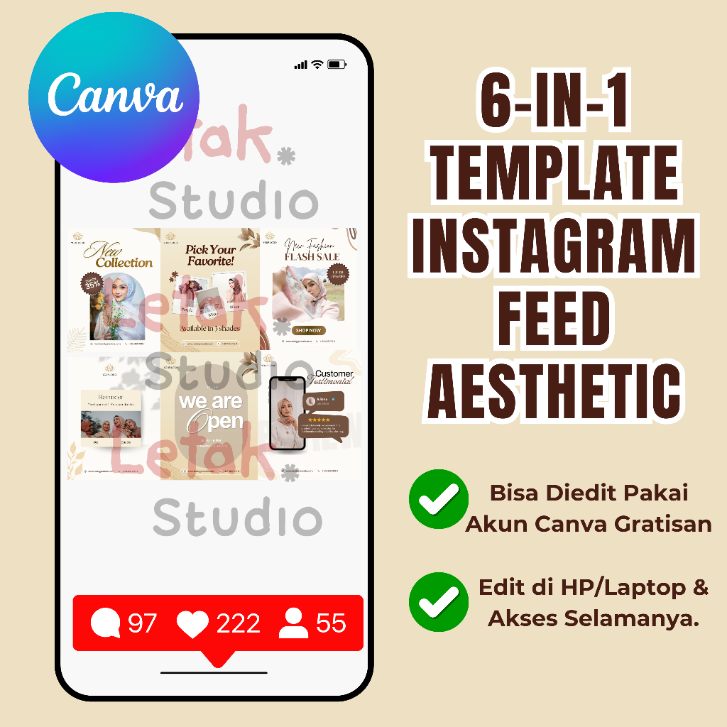 Template Instagram Feed Canva Aesthetic Warm Bright Tone - Paket Konten Jualan Olshop Instagram 6in1