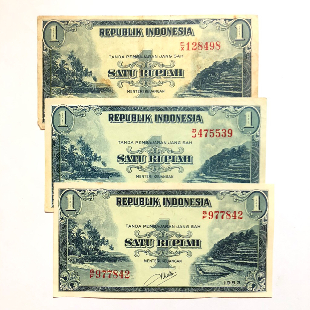 Uang Kertas Kuno 1 Rupiah Seri Pemandangan Tahun 1951 / 1953 Kondisi Bagus Gress UNC - Vf Original K
