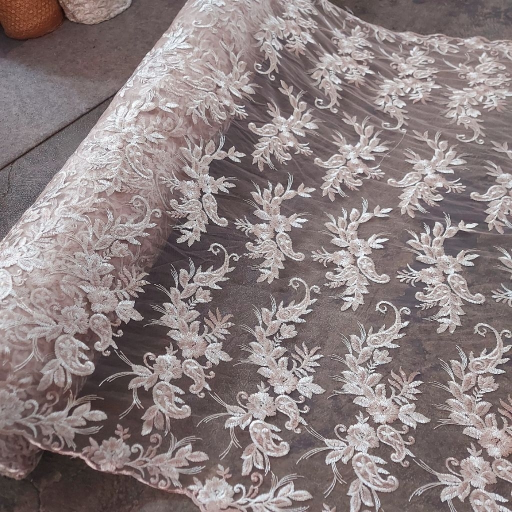 kain tile bordir Premium  - kain tile bordir mewah  - kain tile bordir bunga timbul ( milo ) d