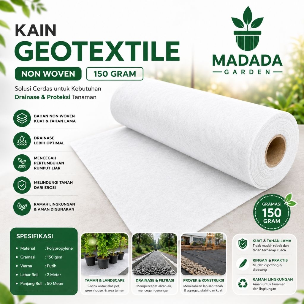 Kain geotextile non woven 150gsm putih anti gulma untuk alas batu taman kering dan drainase 1m² (100