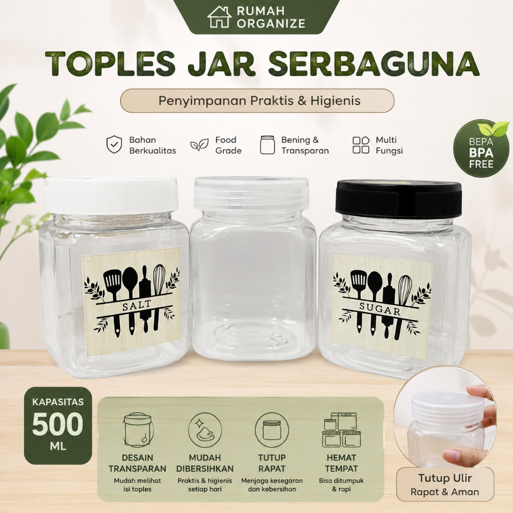 Toples Jar Plastik 500ml Tutup Putih/Bening/Hitam Food Grade BPA Free