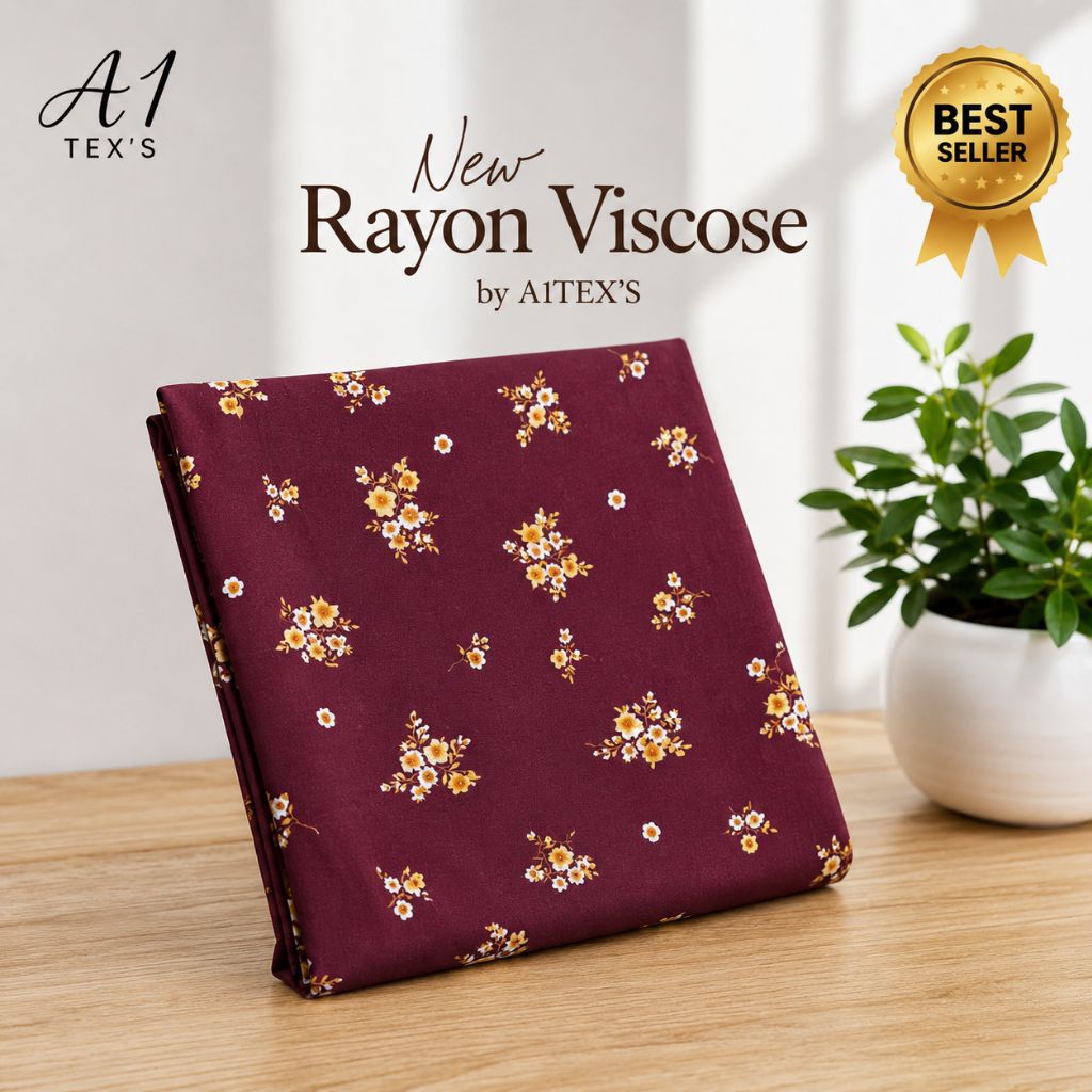 Kain Katun Rayon Viscose Premium - Kain Motif Floral Daisy Maroon Premium Digital Printing - Kain Ka