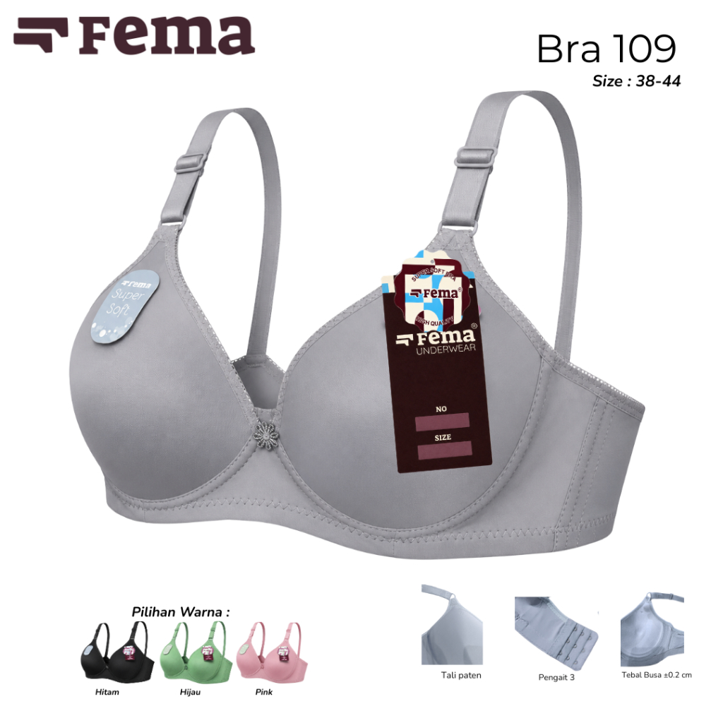 FEMA Official Shop 1 pcs Bra 109 Polos BH Sehari-hari BH Simple Kait 3 Ukuran 38-44 Cup B