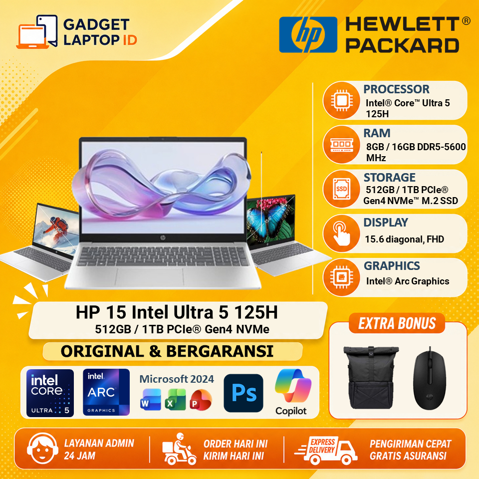 Laptop Touchscreen HP 15 Intel Ultra 5 125H  Ram 8GB DDR5 512GB SSD 15.6" FHD IPS Win11 Office 2024