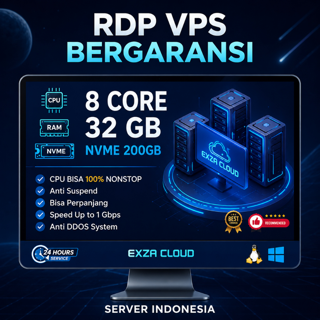 RDP VPS RAM 32 CPU 8 CORE GARANSI 1 BULAN