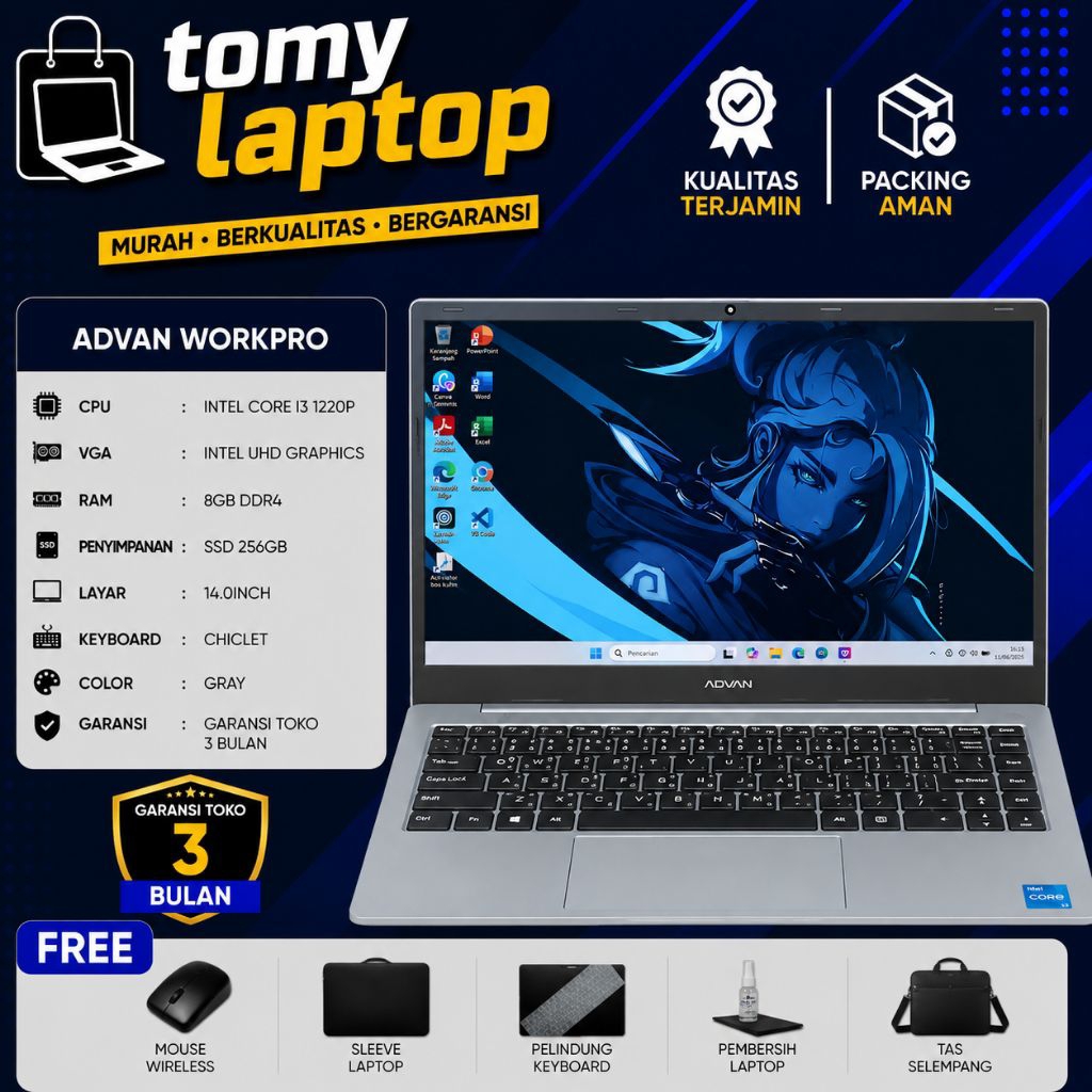 LAPTOP SECOND JAMINAN GARANSI TOKO ADVAN WORKPRO INTEL CORE I3 1220P INTEL UHD GRAPHICS RAM 8GB DDR4