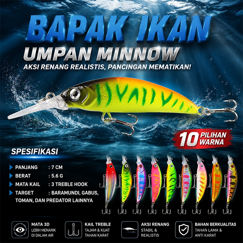 Umpan Pancing Sinking Minnow 7cm/5.6g Ikan Kecil Tenggelam Umpan Buatan Keras Laser Umpan Pancing Ma