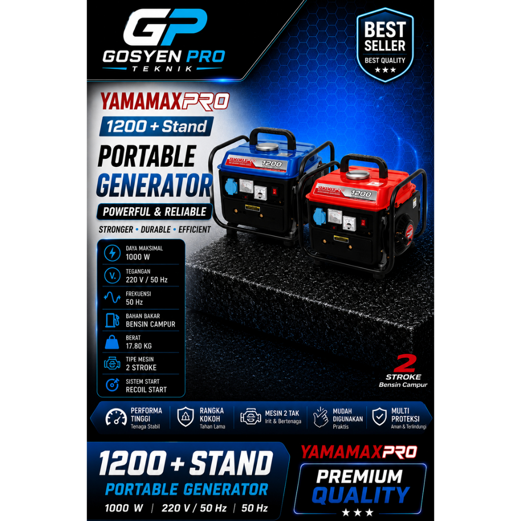 GENSET / GENERATOR MINI / PORTABEL 750 WATT 2 TAK RECOIL STATER (MERAH) 1200 + STAND YAMAMAX-PRO