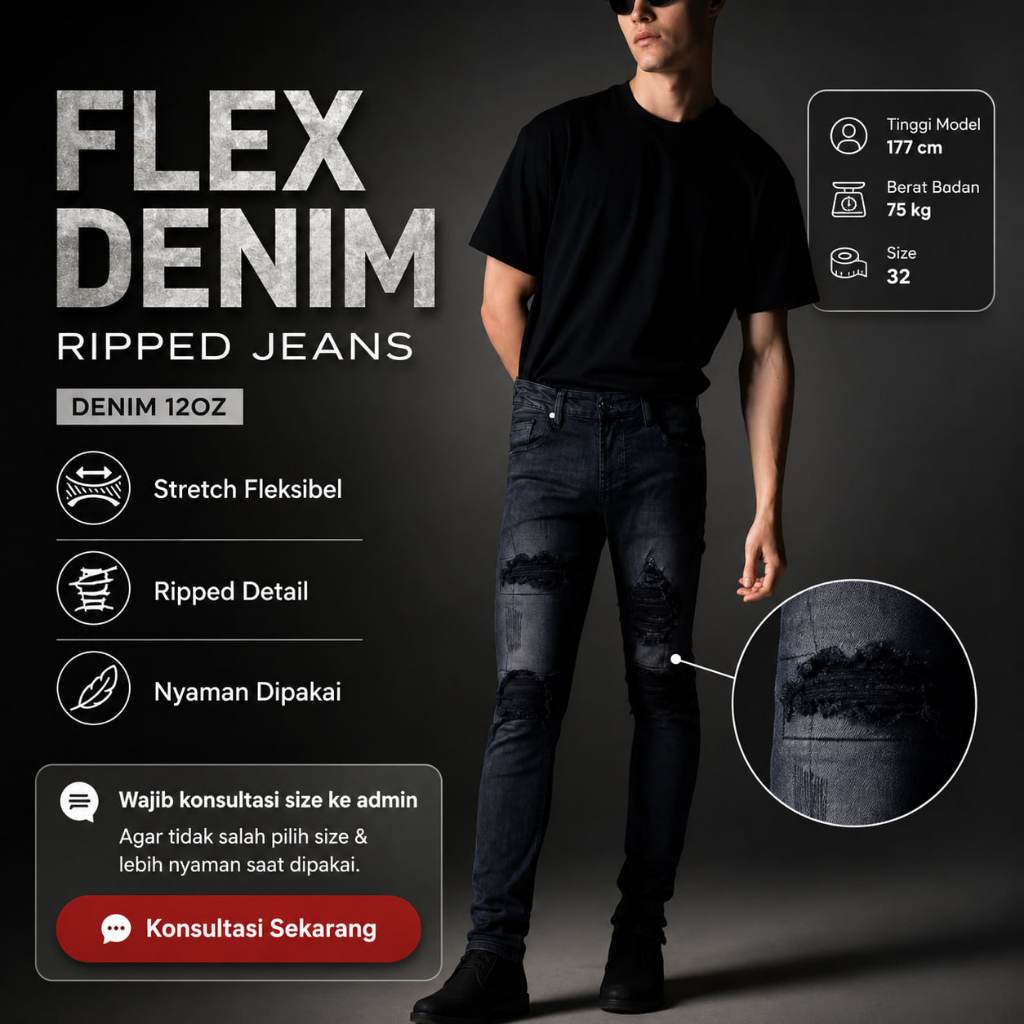 Weird Jeans - Austin Black - Celana Jeans Panjang Pria Slimfit Ripped Sobek Tambal