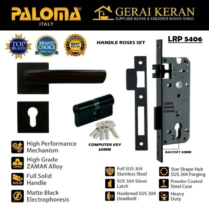 PALOMA LRP 5406 Handle Roses Gagang Pintu Set Kunci Komplit Paket Mortise Stainless SUS 304 Cylinder