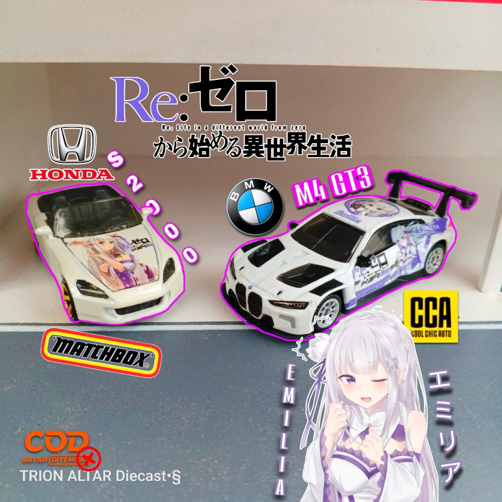 (TADS) DIECAST MOBIL MAINAN CCA BMW M4 GT3 (CUSTOM ITASHA ANIME RE ZERO / EMILIA) & MATCHBOX MOVING 