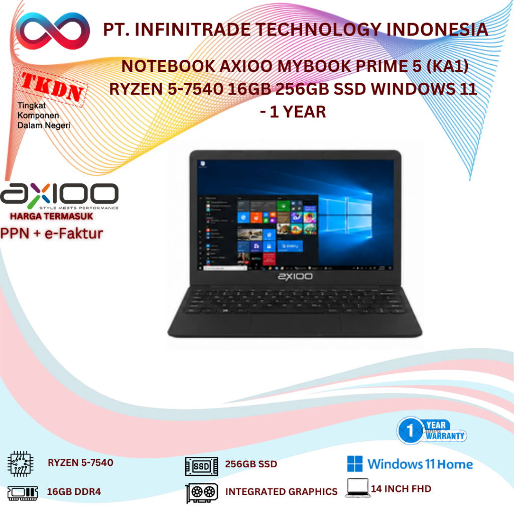 NOTEBOOK AXIOO MYBOOK PRIME 5 (KA1) RYZEN 5-7540 16GB 256GB SSD WINDOWS 11 - 1 YEAR