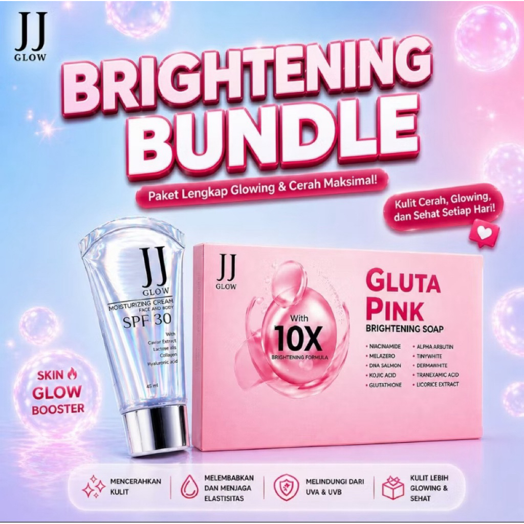 JJ Glow Sabun Gluta Pink 10X Brightening Soap Paket Brightening Bundle  1 pcs + JJ Glow Moisturizer 