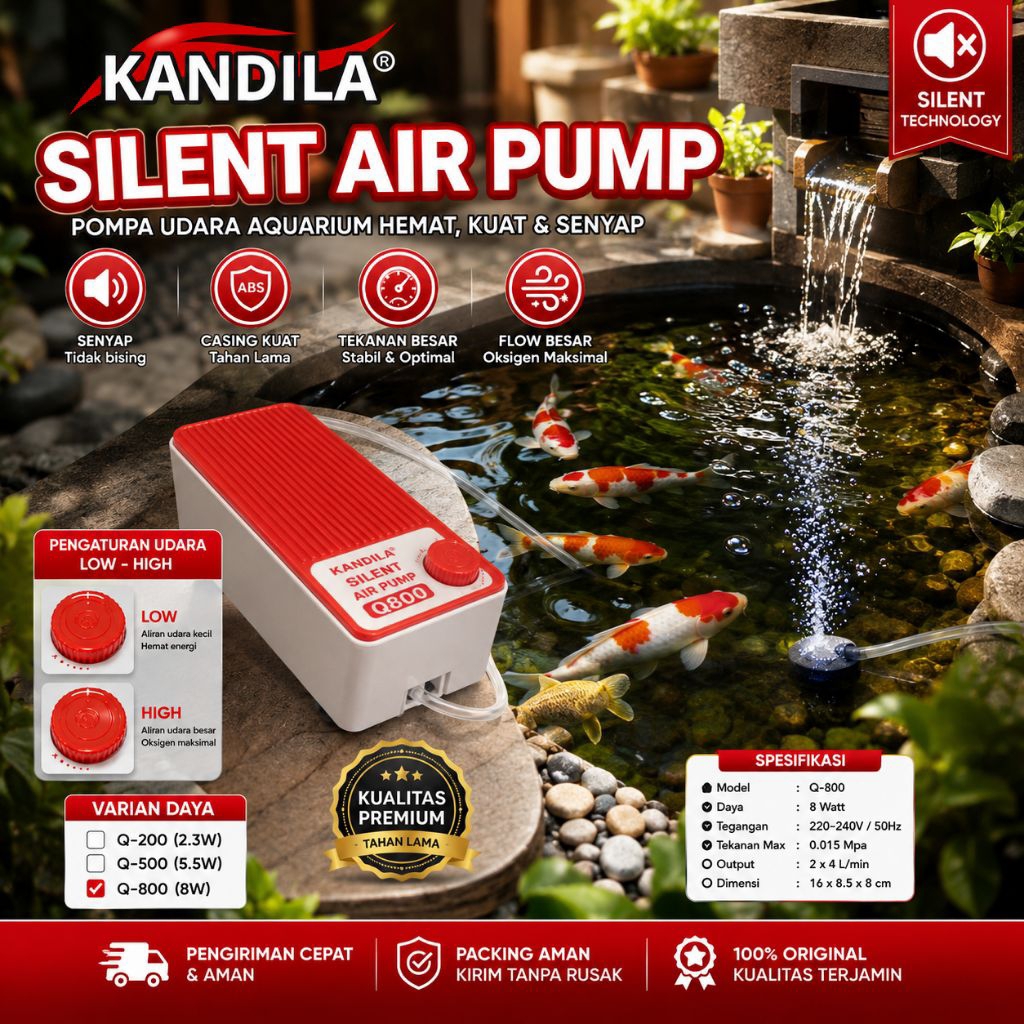 POMPA UDARA KANDILA Q200 / Q500 / Q800 SILENT AIRPUMP AERATOR KOLAM AQUARIUM