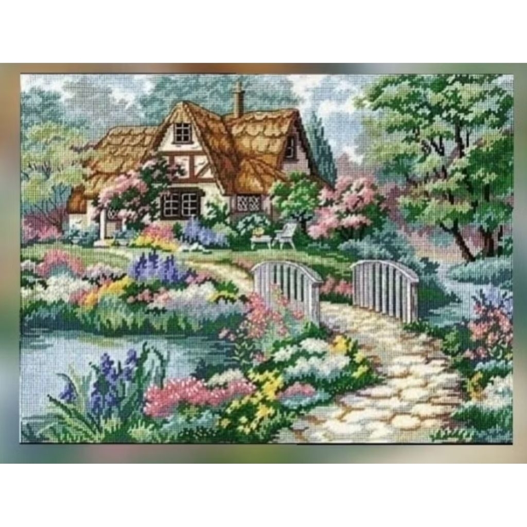DIY Paket kristik pemandangan desa pola kain rumah pegunungan pedesaan valley river beck cross stitc