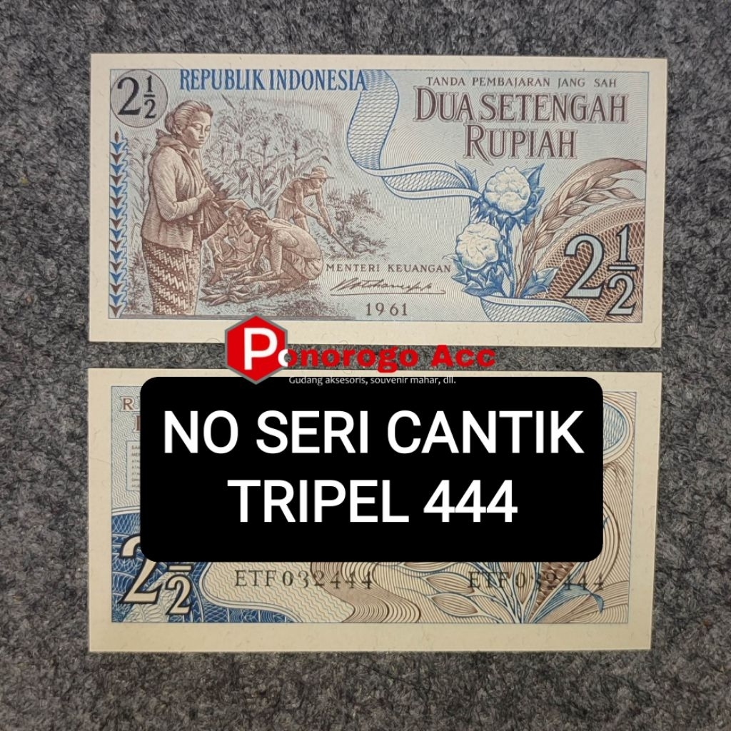 (GRESS/BARU) Nomor seri cantik 2½ Rupiah Sandang Pangan Tahun 1961 Tripel 444