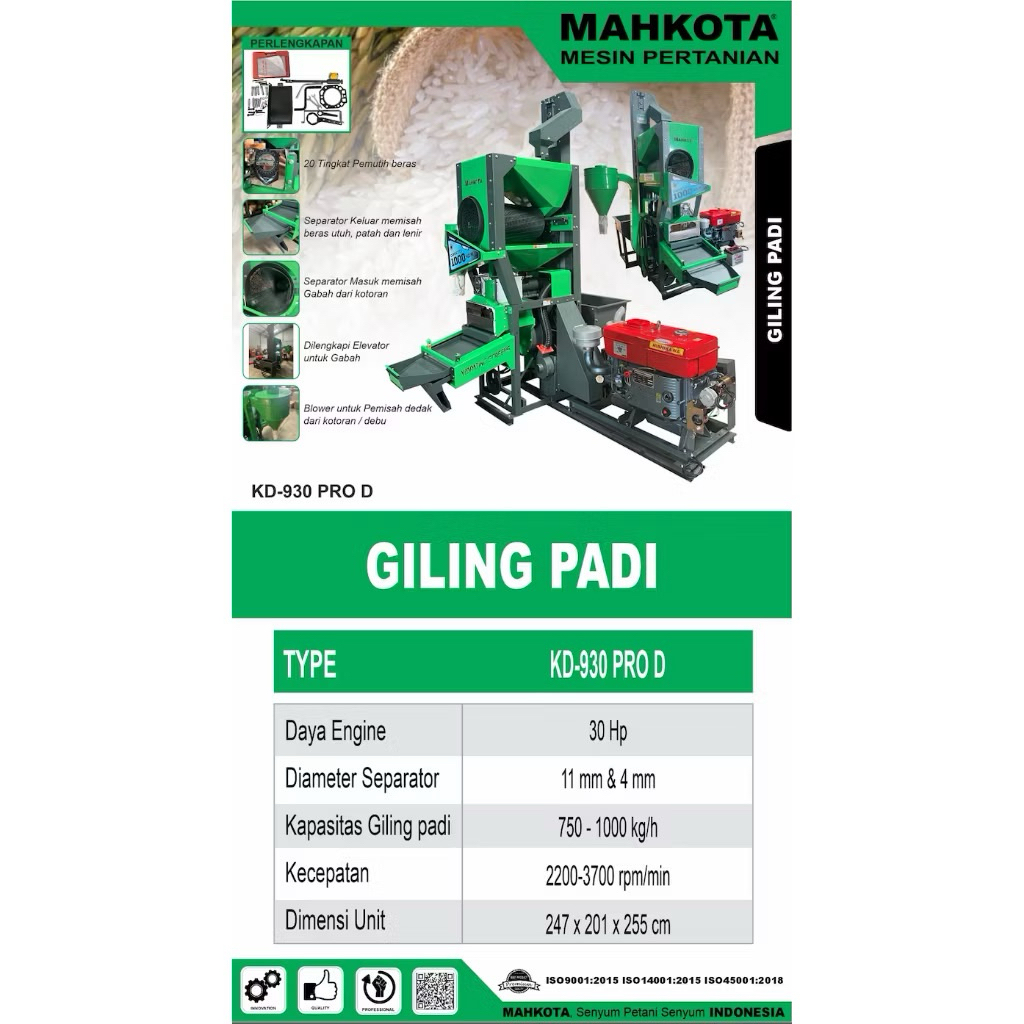 Mesin Giling Padi Mahkota Penggiling Padi Mahkota KD 930 PRO D Gilingan Padi Kapasitas 1 Ton Per Jam