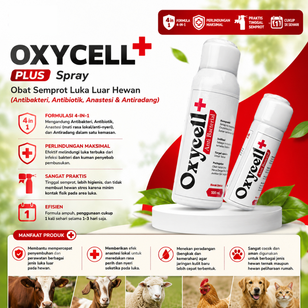 OXYCELL PLUS Spray 50 ml | Obat Semprot Luka Luar Hewan (Antibakteri, Antibiotik, Anastesi & Antirad