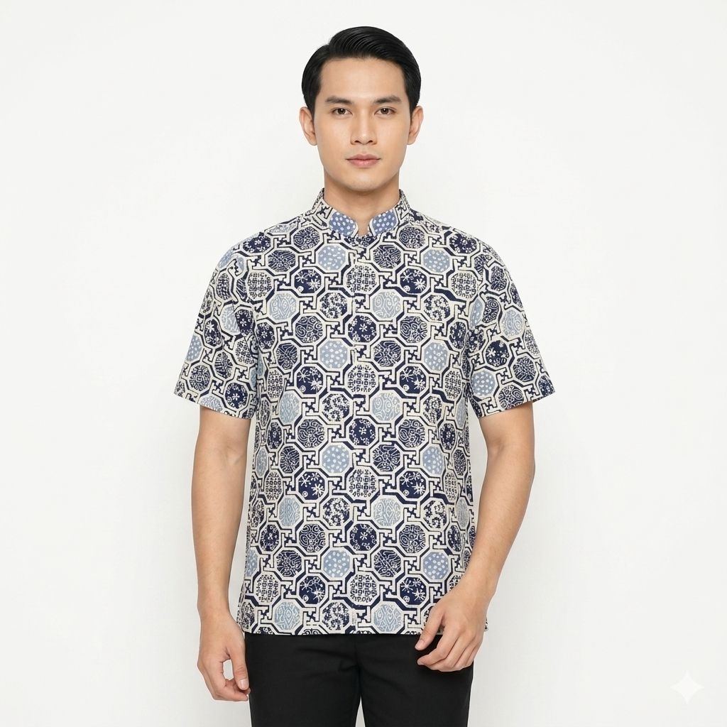 Baju Koko Batik Pria Lengan Pendek Bahan Katun Batik Cap Lapis Furing DK106 NAVY
