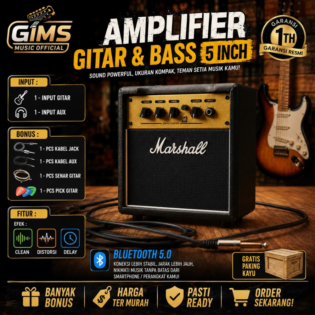 Ampli Gitar & Bass Bluetooth 2 Input 5 Inch Bonus Kabel Jack & Senar Gitar & Pick Gitar & Kabel Aux