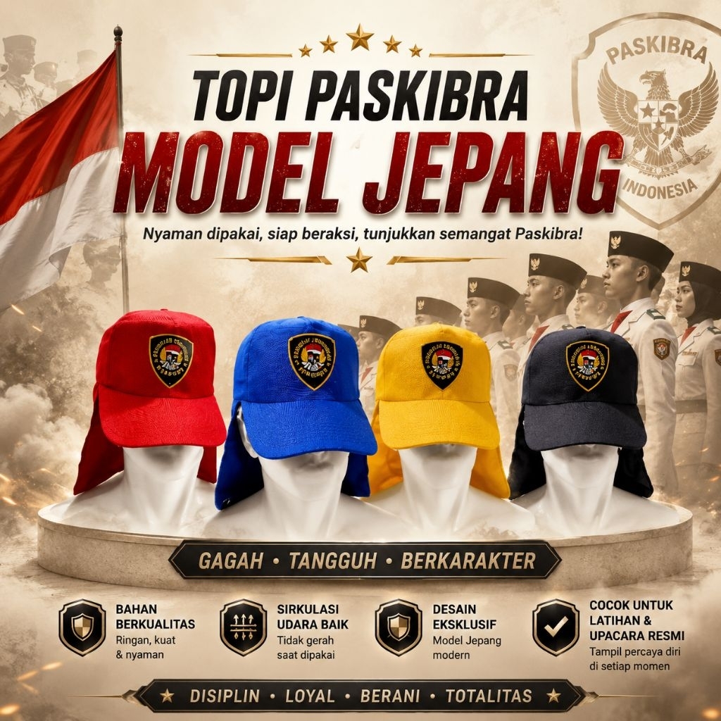 Topi Paskibra Latihan Logo Bordir Model Jepang - Topi Pasukan Pengibar Bendera Model Jepang - Topi P