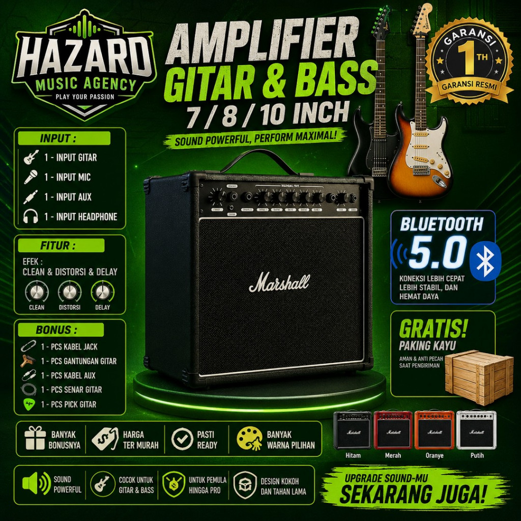 Ampli gitar & bass 8 Inch bluetooth 3 input bisa untuk karaoke efek distorsi delay hitam